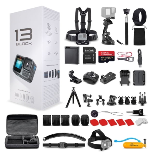 GoPro HERO13 Action Camera Gopro hero 13 Black with 2 Batteries and 128GB SD Card, displayed with its packaging, travel case, and 50-piece accessory kit. The kit includes mounts, straps, a mini tripod, suction cup, floating handle grip, anti-fog inserts, and tools for action camera setups. Features include 5.3K video capability and HyperSmooth 6.0 stabilization.