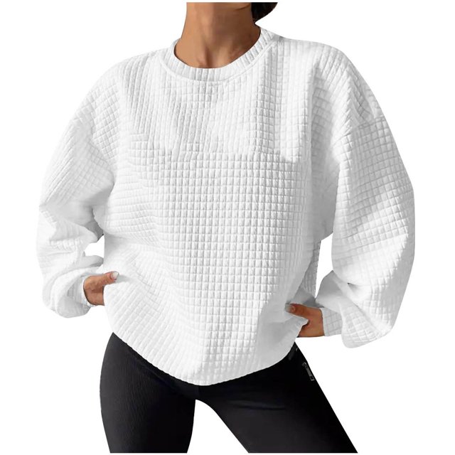 Pisexur Chandail en Molleton pour Femmes Décontracté Ample Automne Chandails en Molleton pour Femmes Couleur Unie Col Rond Chandail en Molleton Manches Longues Chemises pour Femmes Mode Chandail en Molleton Texturé Chandail Tops