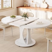 Virans 43.3"-59" Extendable Round Dining Table for 6-8,Kitchen Dining Table with Double Curved Base & Back Panel Buckle Top,Modern Circle Dinner Table for Kitchens,Dining Rooms,Living Rooms,White