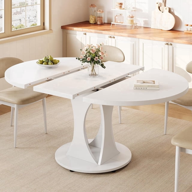 Virans 43.3"-59" Extendable Round Dining Table for 6-8,Kitchen Dining Table with Double Curved Base & Back Panel Buckle Top,Modern Circle Dinner Table for Kitchens,Dining Rooms,Living Rooms,White