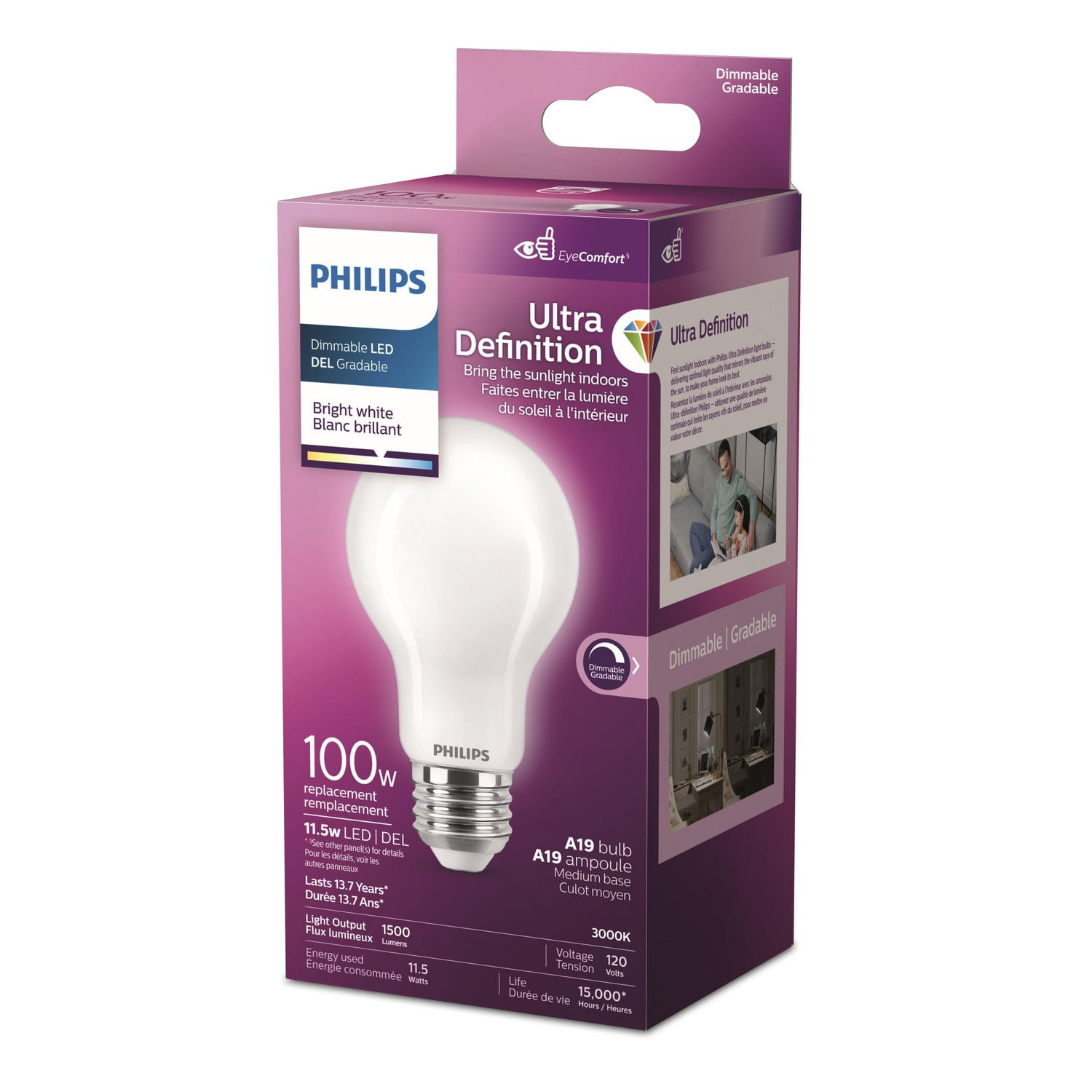 PHILIPS 13.5W 100W A19 Medium Base Ultra Definition Bright White Dimmable LED Light Bulb - Frosted Glass