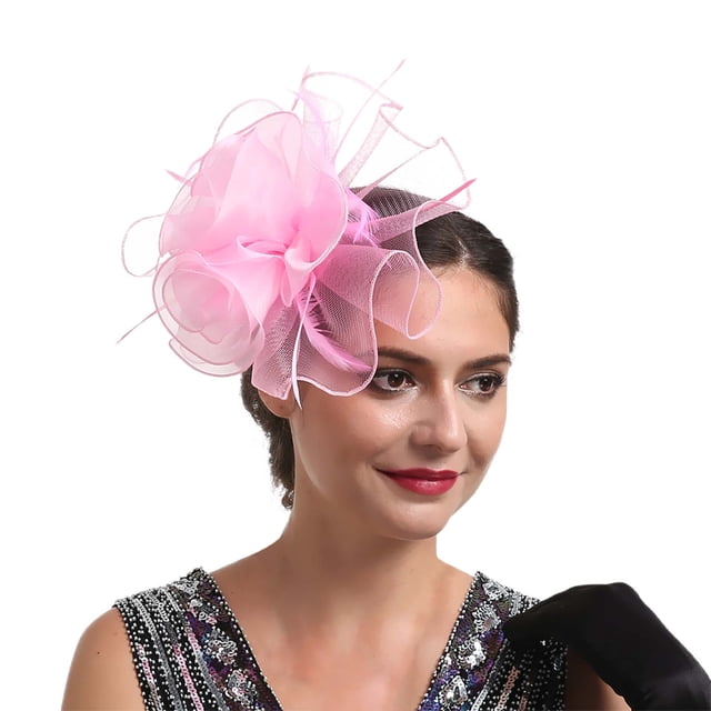XASZHN Bridal Headband with Organdy Feather Fascinator Hair Clip for Weddings Events Pink_004 One Size
