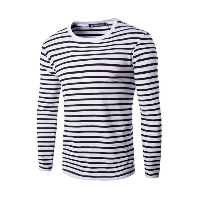 INSPIRE CHIC T-shirt à Manches Longues à Col Rond Rayé pour Homme en Coton, Haut à Enfiler Noir et Blanc 42
