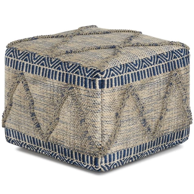 SIMPLIHOME Sweeney Square Pouf, Footstool, Upholstered in Blue, Natural Handloom Woven Wool and Cotton Pattern, for the Living Room, Bedroom and Kids Room, Boho