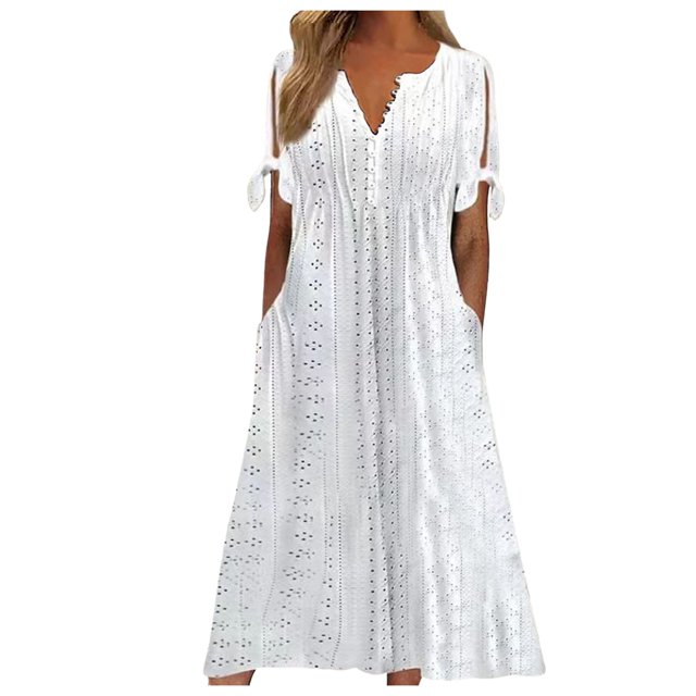 Kcodviy Robe Décontractée Plissée pour Femme Robe d'Été Unie en Dentelle Ajourée à Boutons Robe Midi Froncée Robe avec Poches Robe Courte à Nœud Robe Portefeuille pour Femme Manches d'Été Robe Midi à Col en V pour Femmes Robe d'Été