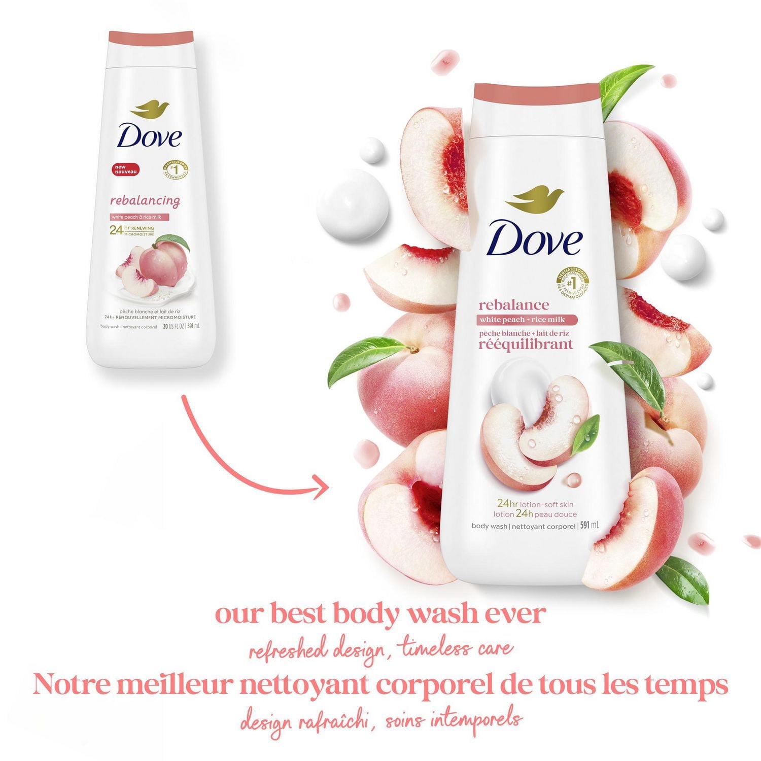 Dove Nettoyant Corporel pour 24 H de Peau Douce Pêche Blanche + Lait de Riz Rééquilibrant, 591 ml