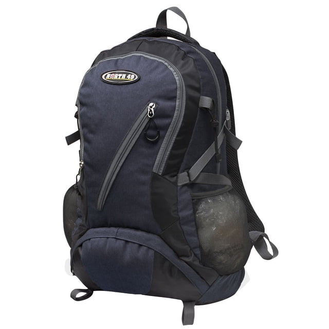 North 49 Hiker Daypack navy with 45 L capacity, polyester melange fabric, large main compartment, two front zip compartments, outer front zip pocket, mesh side bottle pockets, side compression straps with quick release buckles, padded top grab handle, and outer webbing loops for securing gear, suitable for hiking and outdoor activities.