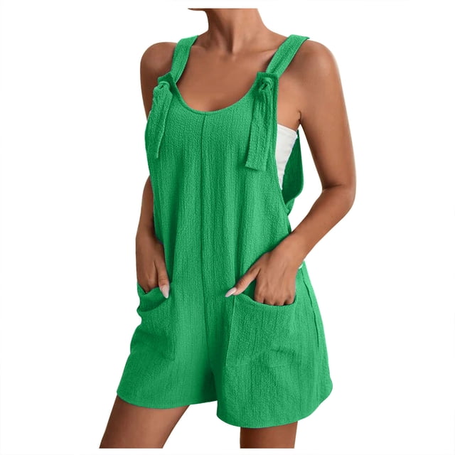 yoeyez Womens Rompers And Jumpsuits for Summer,Women Solid Color Adjustable Straps Jumpsuits Sleeveless Round Neck Shorts Playsuits Overalls With Pockets Green,S