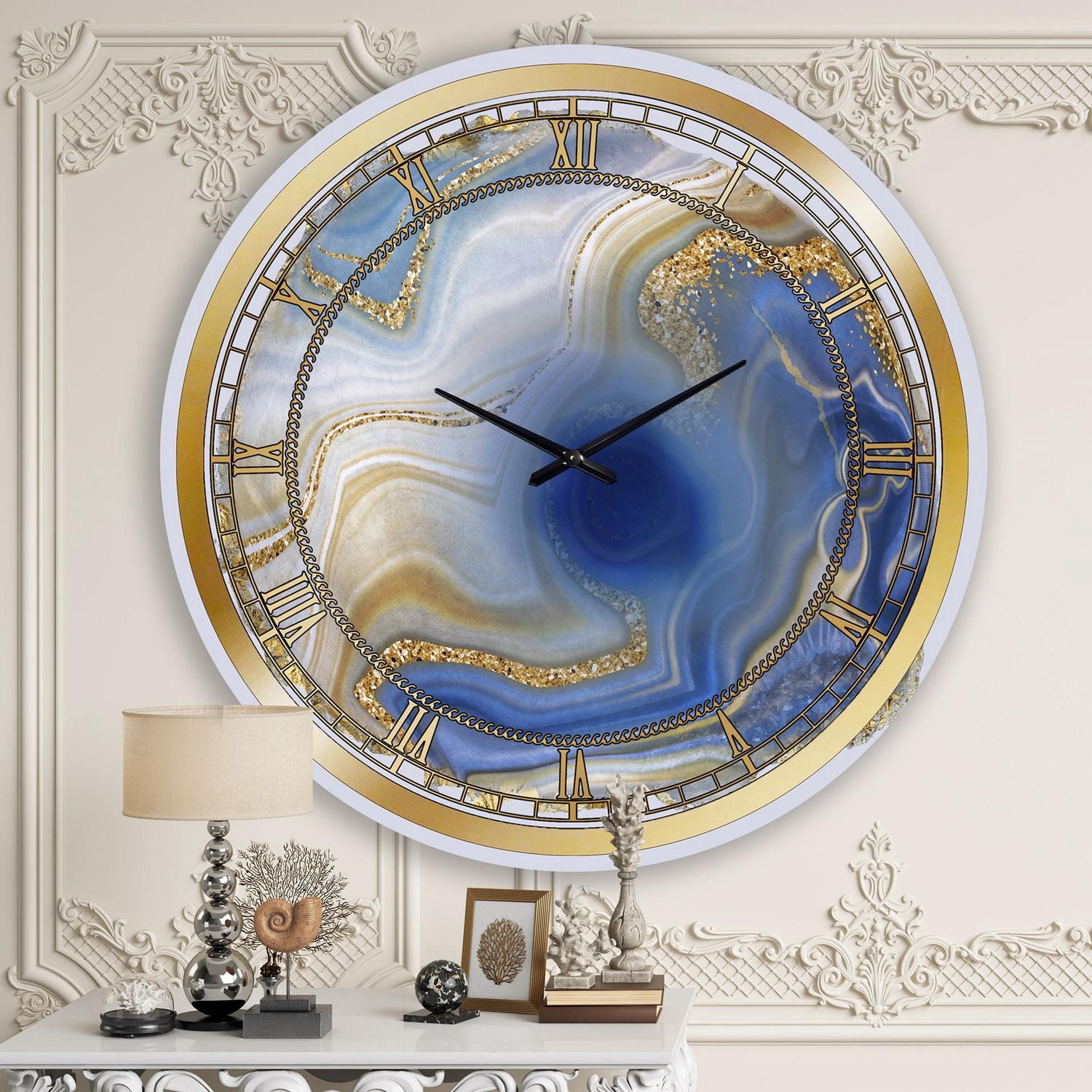 Designart Agate Jaspe Doré Bleu Océan I horloge murale