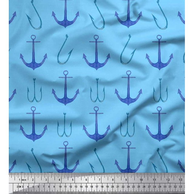 Soimoi Blue polyester Crepe Fabric Anchor Hook Nautical Printed Fabric 1 Yard 52 Inch Wide