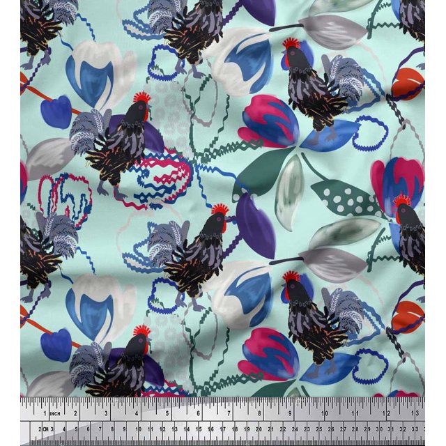 Soimoi Velvet Fabric Floral & Cock Watercolor Decor Fabric Printed Yard 58 Inch Wide