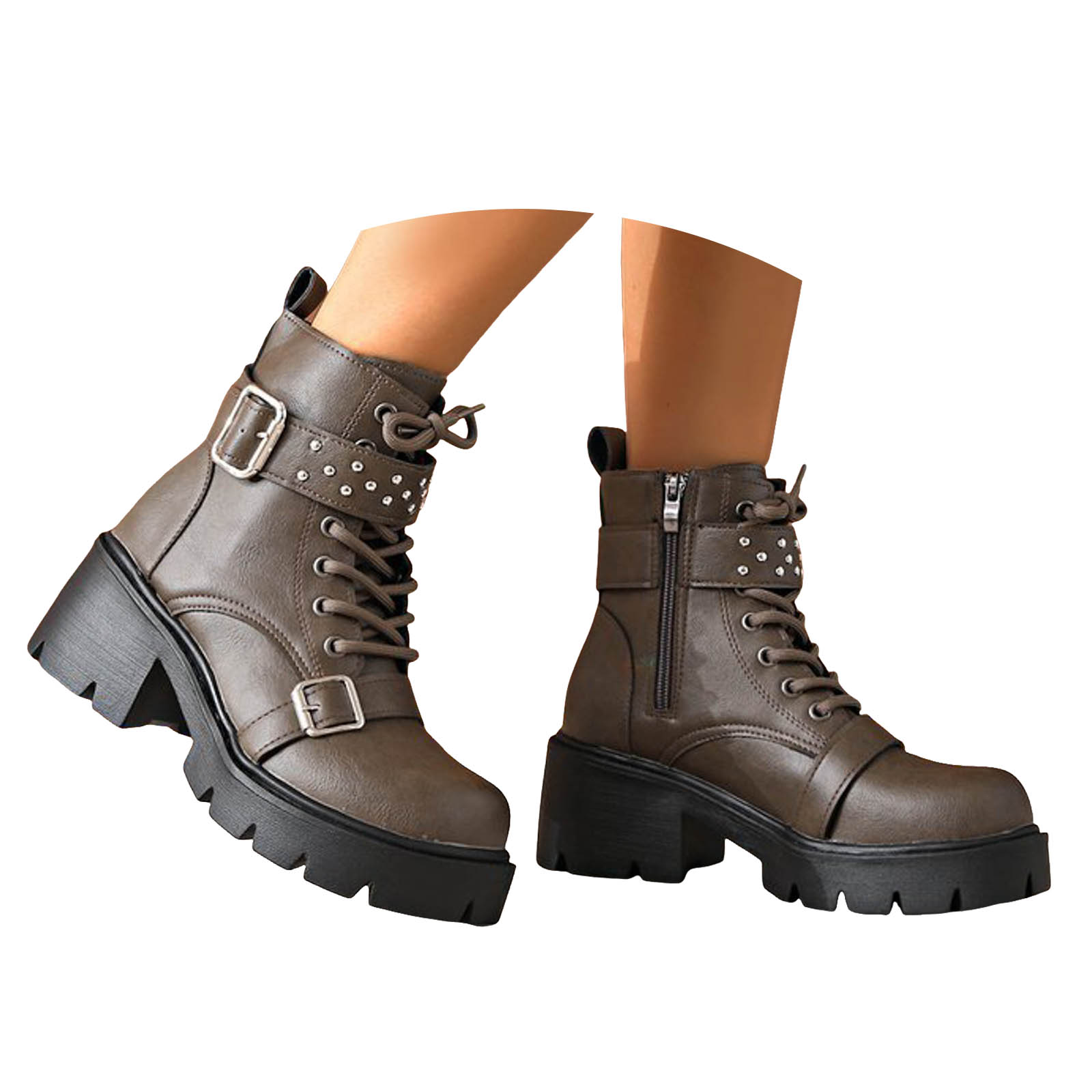 Mepaouo Women's Combat Ankle Boots Lace up Platform Dress Booties Buckle Rivets Punk Goth Shoes with Zipper