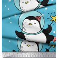 thumbnail image 2 of Soimoi Blue Silk Fabric Snowman & Penguin Cartoon Printed Fabric 1 Yard 42 Inch Wide, 2 of 3