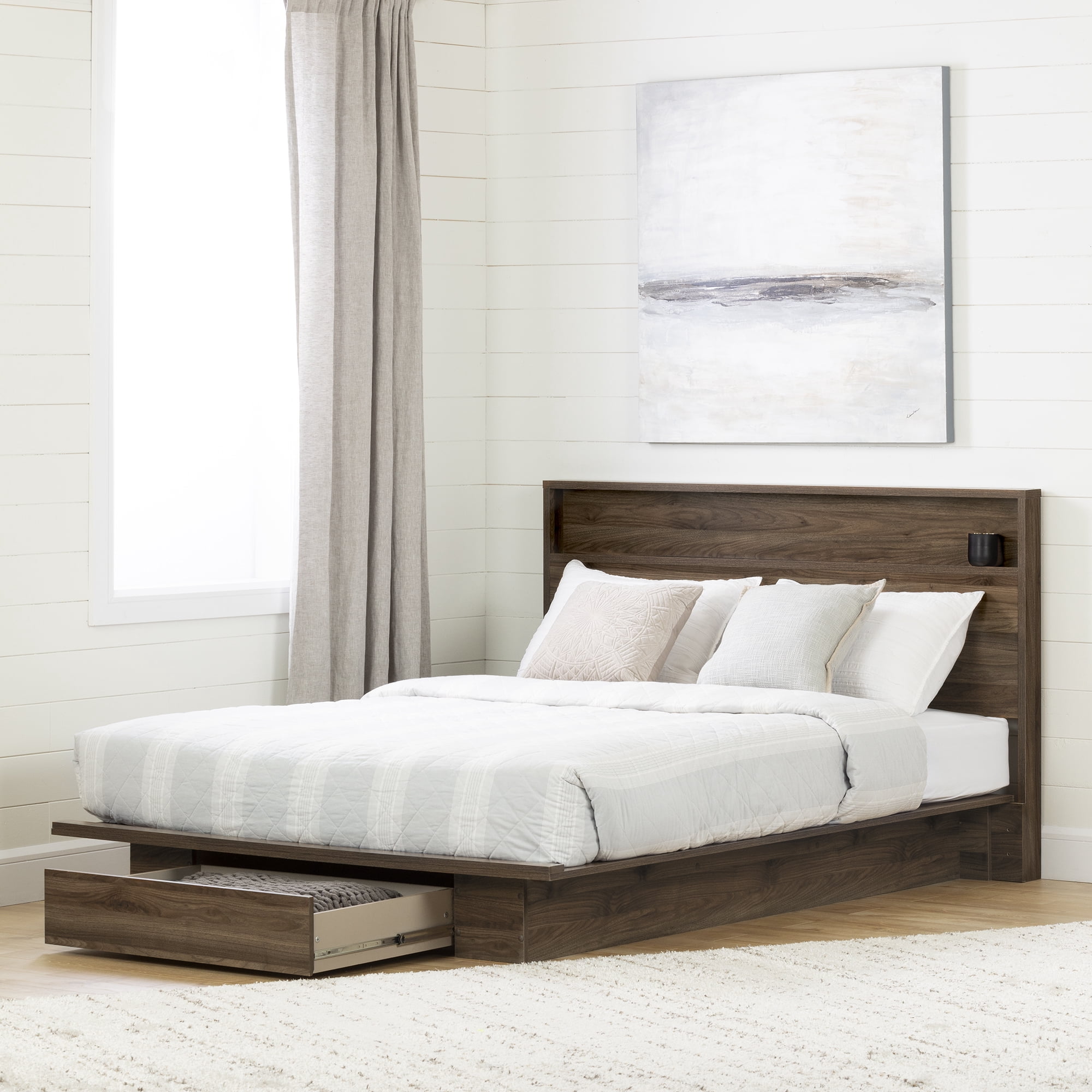 South Shore Tao Full/Queen Platform Bed and Headboard Set, in Natural Walnut
