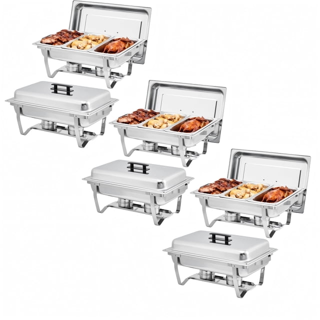 Ensemble Professionnel de Buffets à 3 Compartiments en Acier Inoxydable, Ensembles de Serveurs et Réchauffe-Buffets de 8 Qt, Plats Rectangulaires Anti-Frottement avec Couvercle et Poêles de Taille 1/3 pour Mariages, Fêtes, Usage Commercial