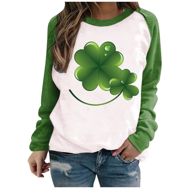 Besolor Womens St. Patrick's Day Shirts Long Sleeve Sweatshirt Cute Color Block Clover Shamrock Pullover Tops for Party