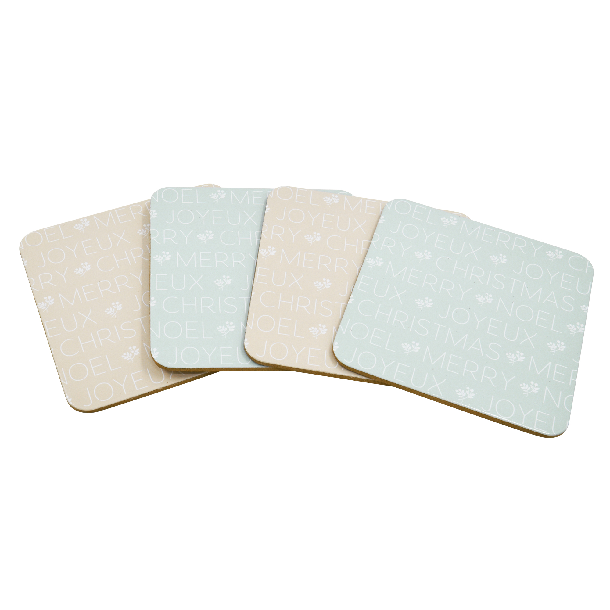 Lot de 4 dessous de verre carrés en liège Holiday Time, motif festif de Noël, vert naturel et beige