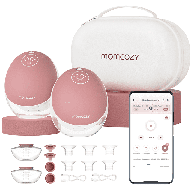 Momcozy Breast Pump Hands Free Mobile Flow | M9, a wearable breast pump with discreet app control for personalized multi-modes and 15 suction levels. Includes two pink pump units, flange sizes (24mm, 21mm, 19mm, 17mm), stackable milk collectors, silicone lids, and charging cables. Comes with a white carrying case and a smartphone displaying the Momcozy app interface for hands-free pumping convenience.