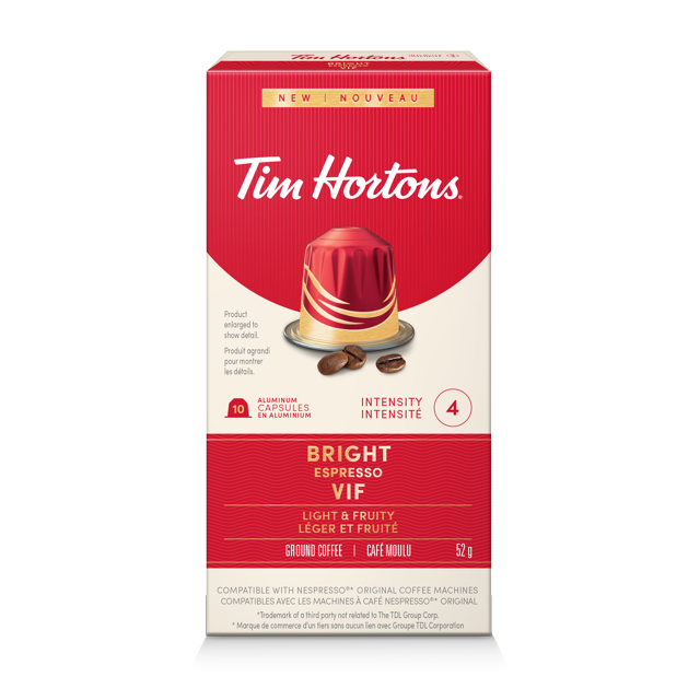 Tim Hortons Bright Espresso Nespresso Compatible Capsules, Compatible with Nespresso Original Line, Light & Fruity, 10 Count