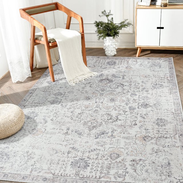 RUGKING Vintage Floral Area Rug 4x6 Grey Multi Flodable Floral Print Distressed Non Slip Indoor Rug for Living Room Bathroom Kitchen Bedroom