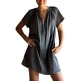 thumbnail image 1 of Amzcrzy Robes pour Femmes Grande Taille Robes P-5TG Tendance Couleur Unie Robes d'Été pour Femmes Col en V Manches Courtes Robe d'Été Décontractée Plissée Surdimensionnée Mini-Robe, 1 of 8