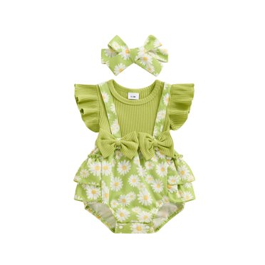 SUNSIOM Barboteuse pour Bébé Fille avec Bandeau Nœud Manches Volantes Combinaison Patchwork Vêtements d'Été