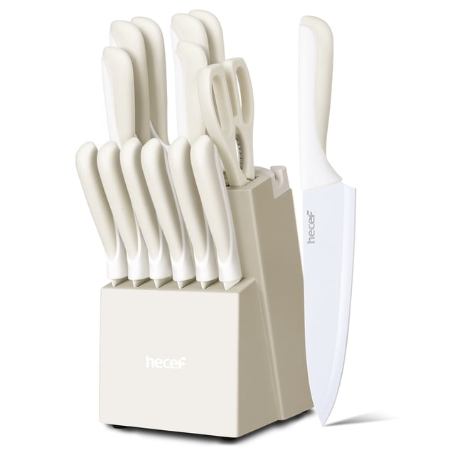 Hecef Ensemble de 15 Couteaux avec Bloc, avec Lames à Revêtement Antiadhésif Blanc en Acier Inoxydable Résistant à la Corrosion. Comprend des Couverts de Cuisine Essentiels comme un Couteau de chef de 8 Pouces et des Poignées Ergonomiques pour le Confort. Livré avec un Bloc en Bois de Pin Ventilé pour un Rangement Organisé.