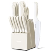 Hecef 15-Piece Knife Set with Block, White Non-Stick Coating Blades, LFGB Approved, Corrosion-Resistant Stainless Steel