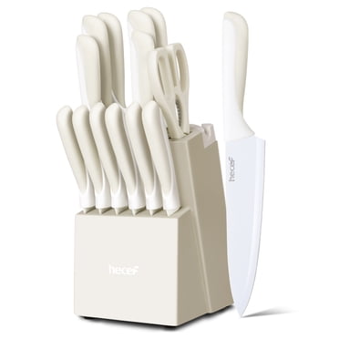 Hecef 15-Piece Knife Set with Block, White Non-Stick Coating Blades, LFGB Approved, Corrosion-Resistant Stainless Steel