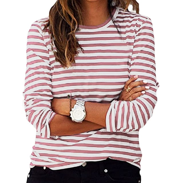 Timegard Hauts pour Femmes à Rayures à Manches Longues Col Ras du Cou Blouse Ample et Confortable Hauts Habillés Décontractés Vêtements d'Automne