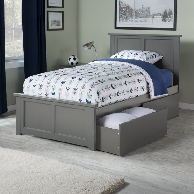 Madison Lit Plateforme Simple TG avec Pied de Lit Assorti et Tiroirs de Rangement, Gris