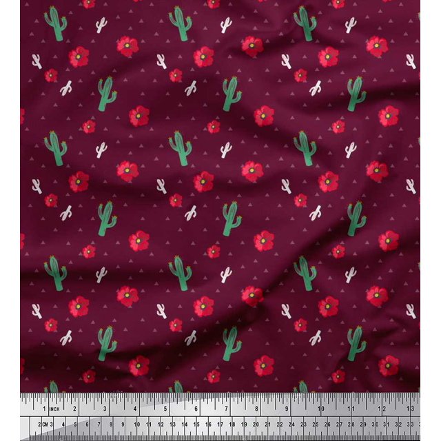 Soimoi polyester Crepe Fabric Triangle,Floral & Cactus Tree Print Fabric by the Yard 42 Inch Wide