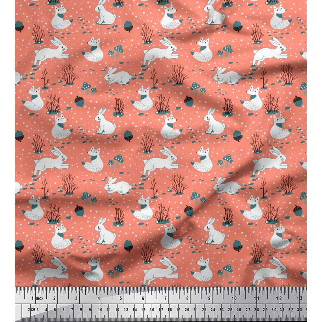 Soimoi Orange Rayon Fabric Mushroom,Oaknut & Rabbit Animal Print Fabric by The Yard 42 Inch Wide