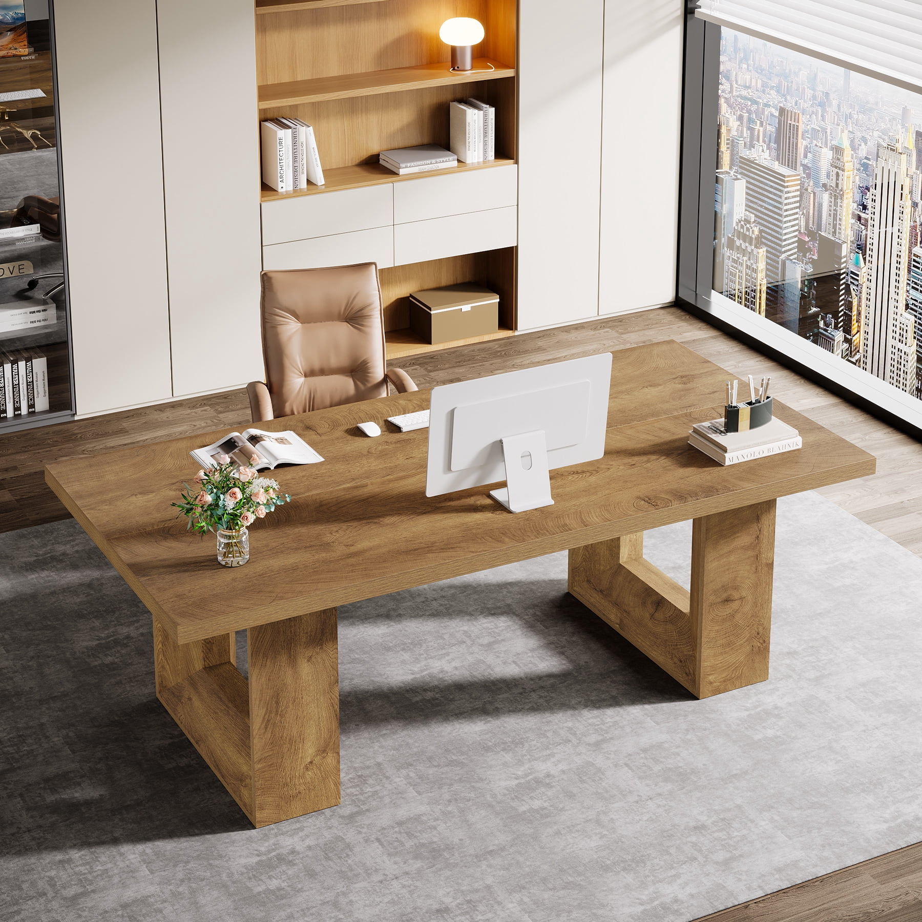 Tribesigns Large Executive Desk, 62.99-inch Farmhouse Home Office Desk, Rectangular Computer Table for Home Office, Brown