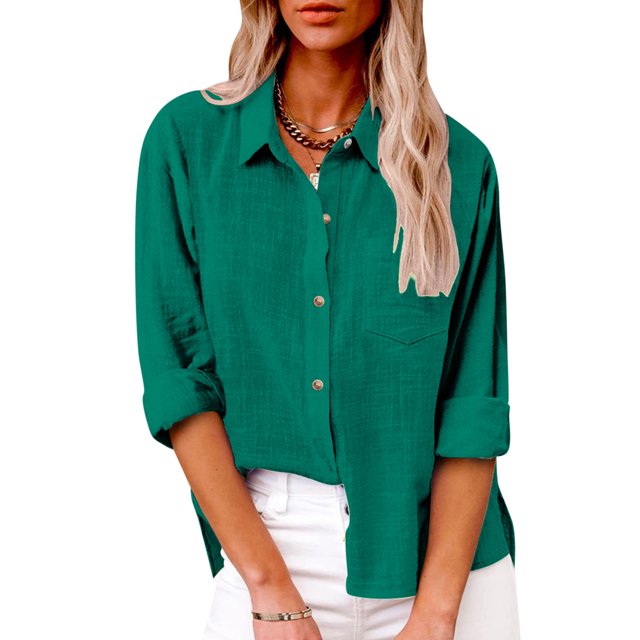 AherBiu Plus Size Women Button down Tops Long Sleeve Lapel Collar Linen Tops Fall Casual Solid Color Cotton Blouses