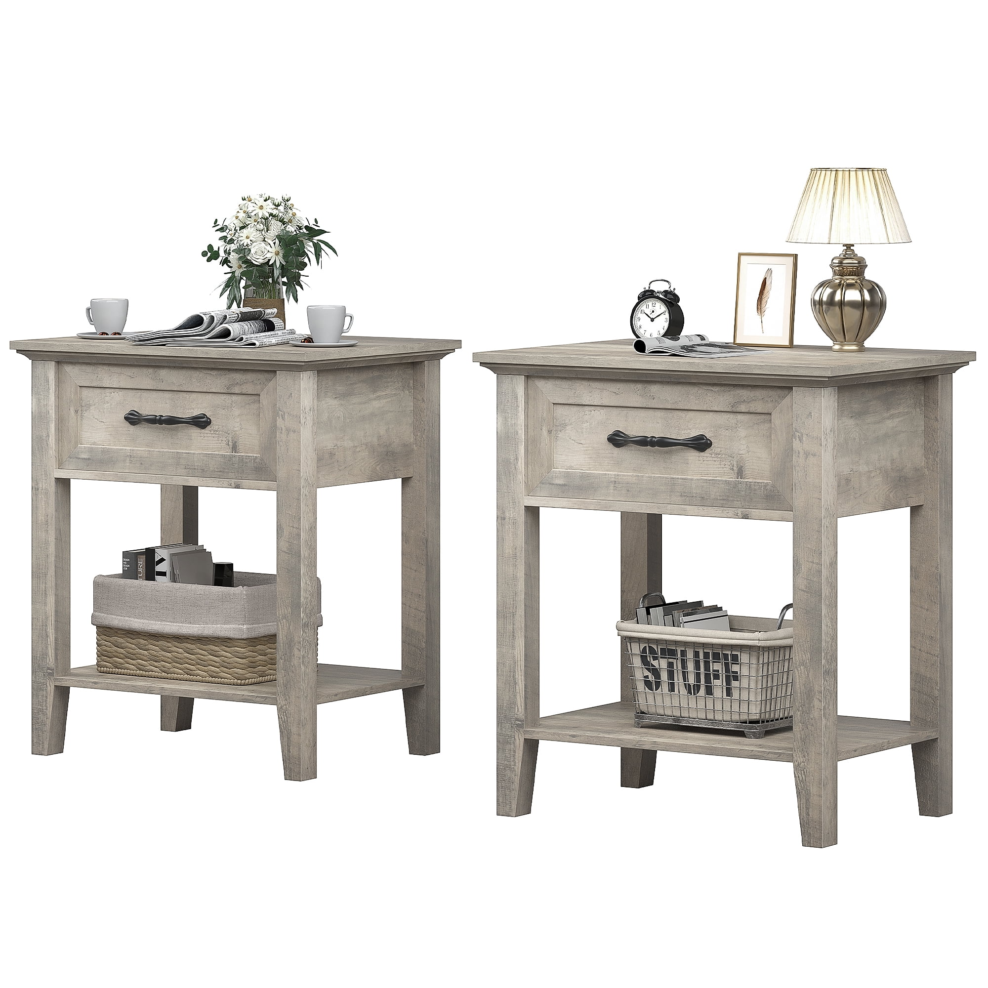DSSTYLES Square Nightstand, Bedside Table End Table for Bedroom Nursery Living Room, End Table with Storage Drawer, Easy Assembly, Grey