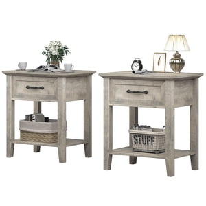 DSSTYLES Square Nightstand, Bedside Table End Table for Bedroom Nursery Living Room, End Table with Storage Drawer, Easy Assembly, Grey