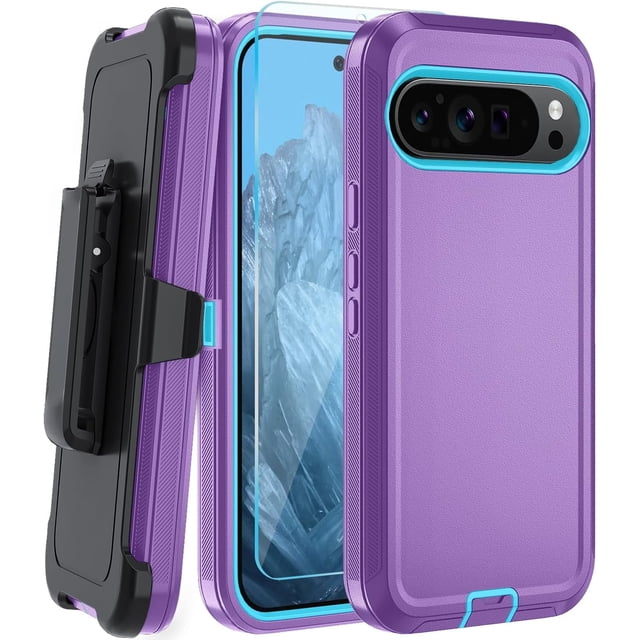 KOMI for Google Pixel 8 Pro Case, with HD Tempered Glass Screen Protector, Heavy Duty Shockproof Drop Protective Rugged Tough Durable Phone Cover with Belt Clip-Light Purple/Sky Blue