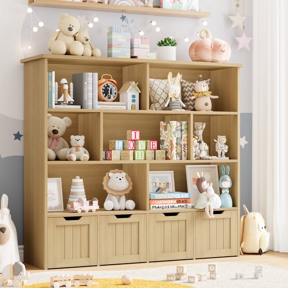 Homfa Organisateur de Rangement pour Jouets à 7 Cubes, Bibliothèque Géométrique pour Enfants avec 4 Tiroirs, Naturel