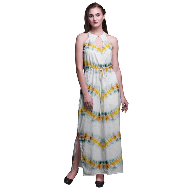 Bimba Robe Maxi Teinture sur Nœuds pour Femmes Sans Manches à Col Ras du Cou et Dos Nu avec Fentes Latérales - Moyen