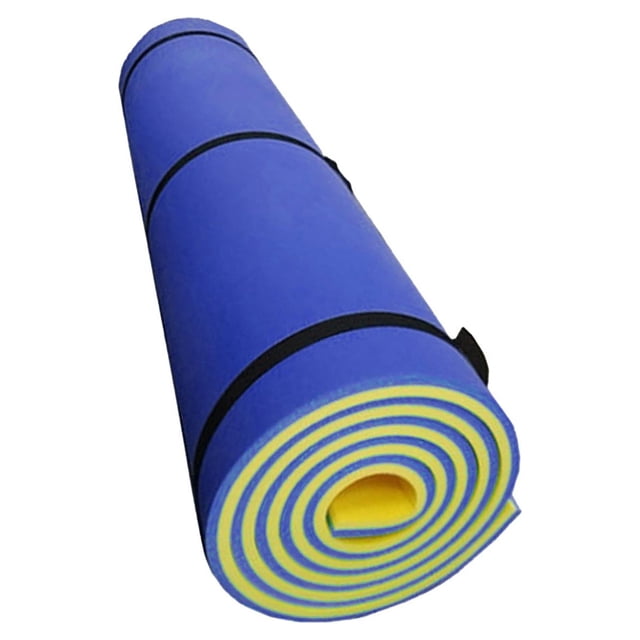 Milaget Water Float Mat Lounge Mattress in blue and yellow, made of durable XPE material. The rolled-up design features a smooth surface for comfort and measures 180cm x 55cm x 2.2cm. Ideal for pool, lake, beach, and water park use, it is portable and easy to store.