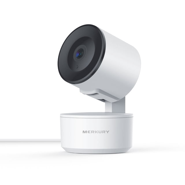 Merkury Smart Indoor Camera 1080p in white with auto-tracking, featuring a cylindrical camera head with black lens ring on a round base with Merkury logo, offering pan and tilt, two-way audio, and night vision for smart home security.