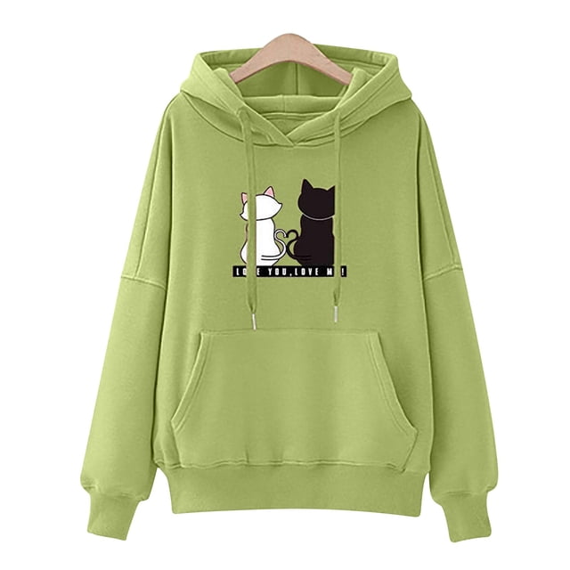 Rbaofujie Chandail à Capuchon pour Femme, Chandail à Capuchon d'Hiver, Chandail Molletonné à Enfiler Vert, avec Manches Longues, un design à Capuche et une Poche Kangourou avant. le Chandail Affiche un Graphique de Deux Chats avec le Texte « Love You, Love Me » sur la Poitrine. Fabriqué en polyester, Offre une Coupe Décontractée et Confortable, Convient au Printemps, à l'Automne et à l'Hiver. Idéal pour le Port Quotidien, les Sorties Décontractées Ou les Journées Douillettes à l'Intérieur. Parfait pour la Catégorie Chandails à Capuchon et Chandails Molletonnés pour Filles.