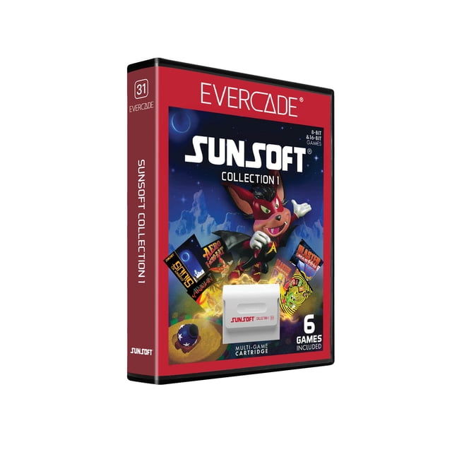 Evercade Collection Sunsoft 1 Étui à Cartouche avec Bordure Rouge Mettant en Vedette un Personnage de Renard de Dessin Animé et six Titres Classiques de Logiciels de Jeu Rétro 8 Bits et 16 Bits, Dont Mr. Gimmick et Blaster Master, compatible avec Toutes les consoles Evercade.