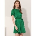 thumbnail image 3 of INSPIRE CHIC Robe Satinée à Manches Courtes Bouffantes pour Femme, Col Montant à Volants, Taille à Nouer, Vert, TP, 3 of 5