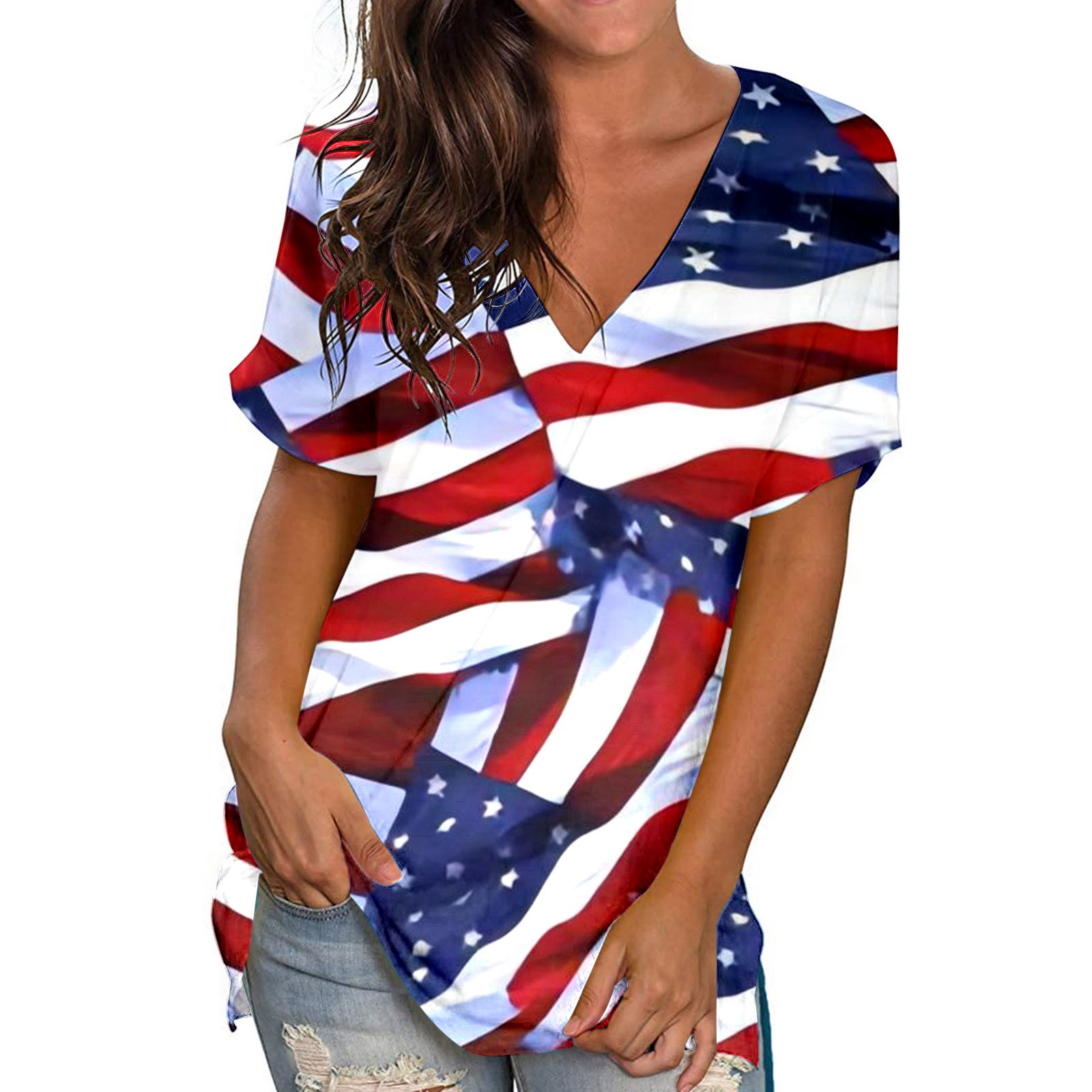 T-shirts d'Été Grande Taille pour Femmes à Manches Courtes, T-Shirts à Col Rond Imprimés pour Femmes, T-Shirt Blouse à Manches Courtes, Hauts Amples, T-Shirt à Col en V pour Femmes en Liquidation