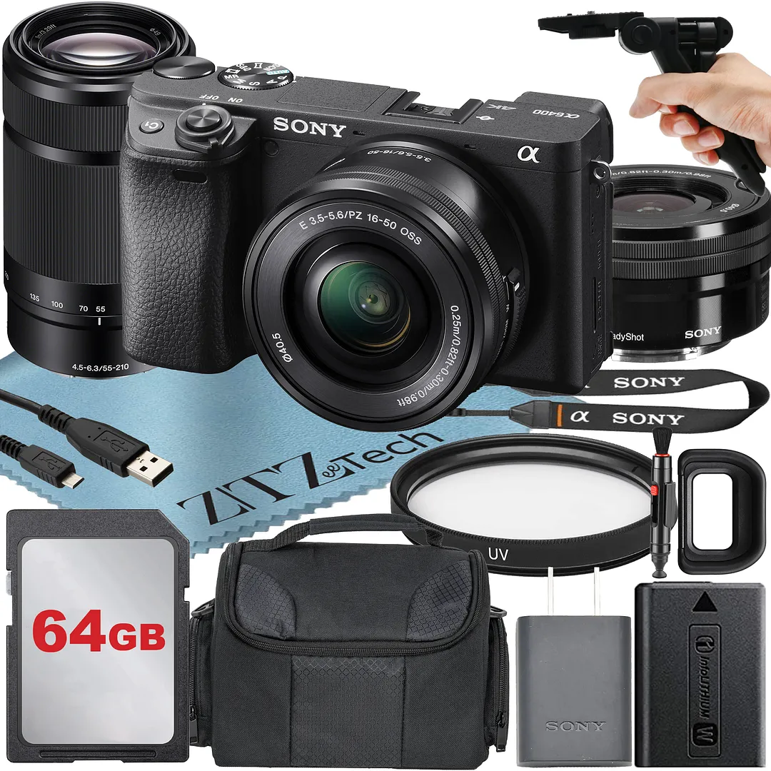 Sony Alpha a6400 Mirrorless Digital Camera with E PZ 16-50mm + E 55-210mm OSS Lens + 64GB Card + Case + ZeeTech Accessory Bundle