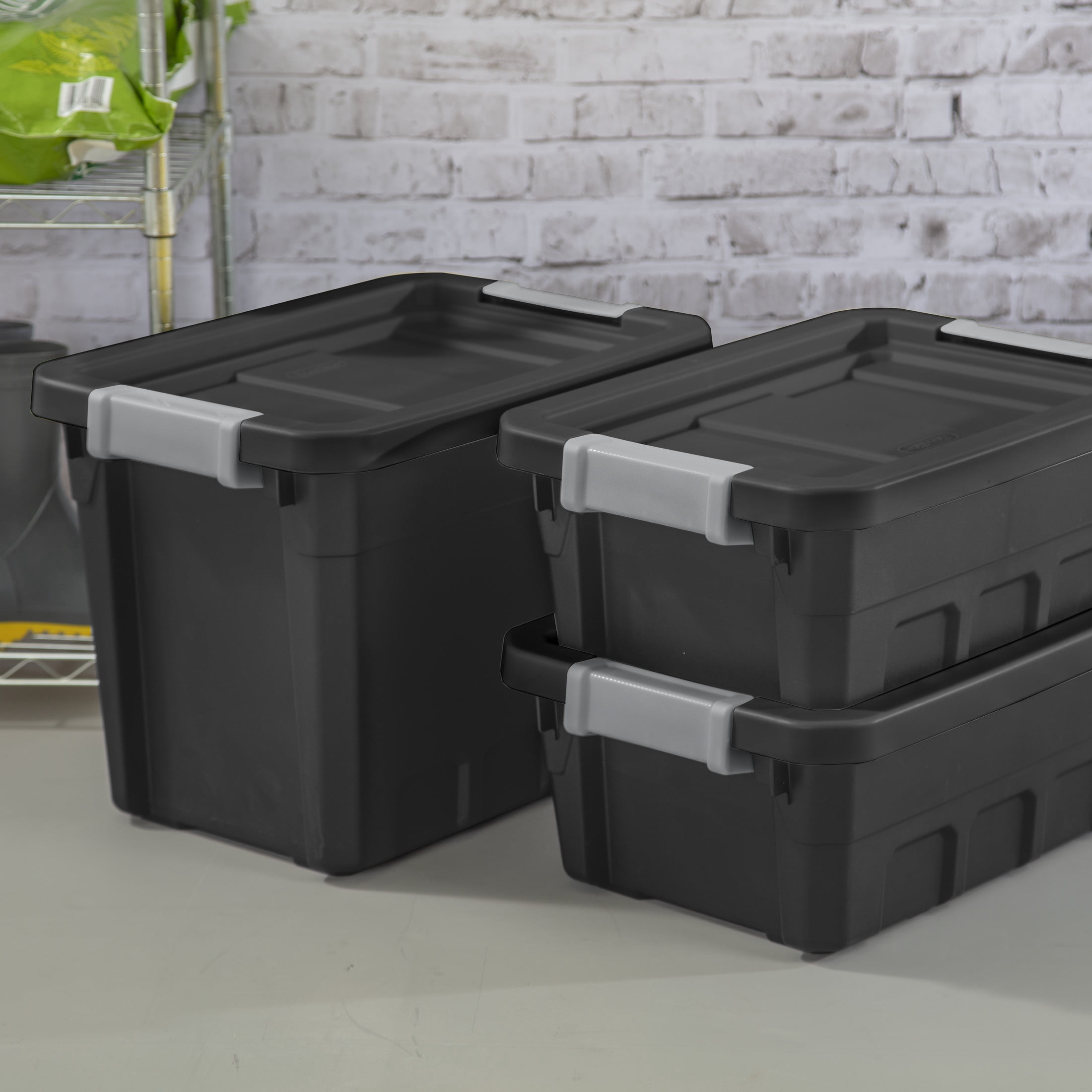 Sterilite 28 Liter Stacker Box, Durable Plastic Storage Bin with Latch Lid, Black - 6 Pk