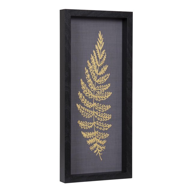 hometrends Fougère Métallisée 1 Art Encadré avec un Cadre Rectangulaire Noir Présentant une Impression de Feuille de Fougère Métallique Dorée Surélevée sur un Fond Gris à Texture Lin, Mesurant 7 par 16 Pouces, Convient à la Déco Murale Botanique pour la Maison Ou les Espaces de Bureau