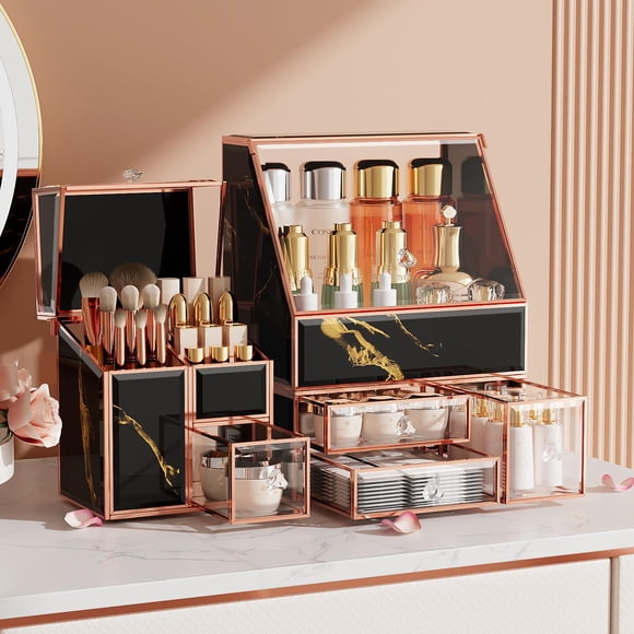 CoralHouse Organisateur de Maquillage, Organisateur de Cosmétiques, Organisateur de Soins de la Peau, Organisateur de Maquillage pour Coiffeuse, Organisateur de Brosses, Verre Haute Dureté